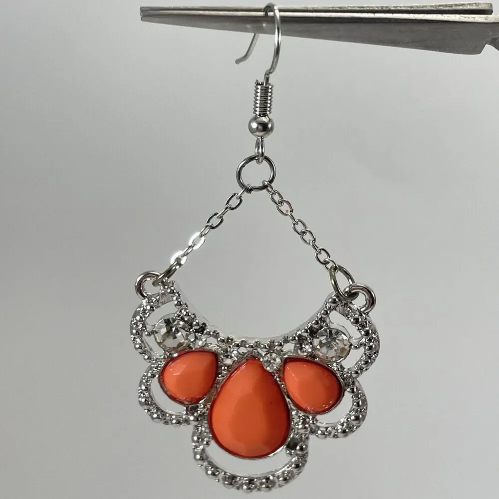 Silver Tone Orange White Rhinestone Statement Bold Dangle Earrings Hook Setting